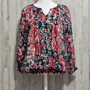 Christopher & Banks Red Abstract Floral  Blouse Smocked Hem Size Medium